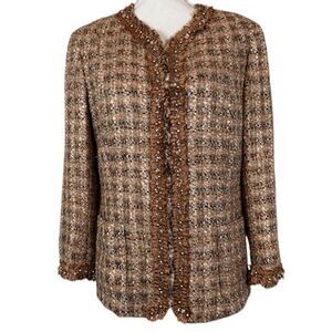 Lafayette 148 Wool Blend Tweed Jacket Blazer Beaded Trimmed Size 10 Rust Tan